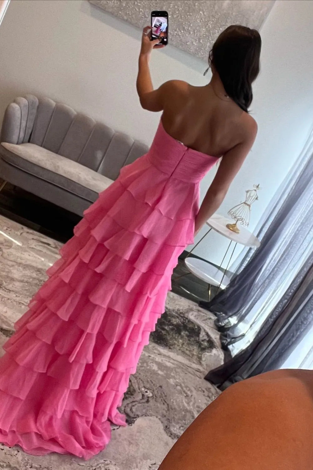 Cute A-Line Sweetheart Zipper Back Tiered Chiffon Prom Dress With Slit - View 2 | FashionDia