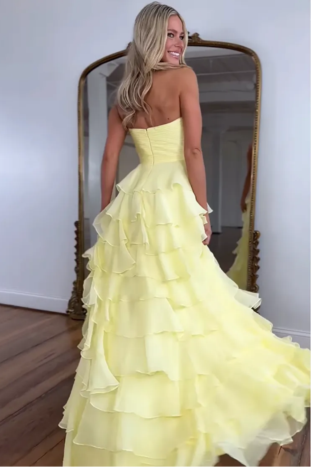 Cute A-Line Sweetheart Zipper Back Tiered Chiffon Prom Dress With Slit - View 7 | FashionDia