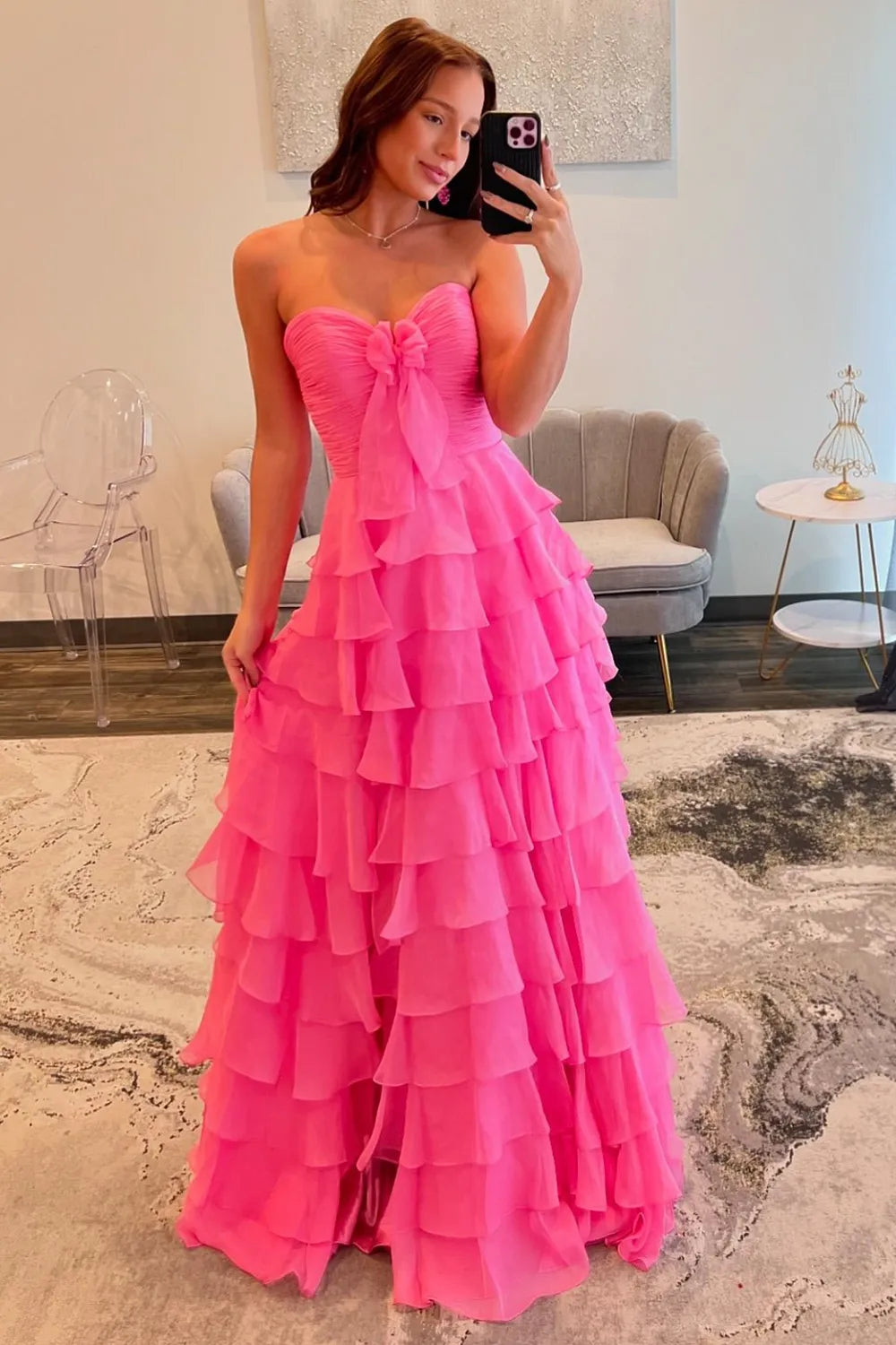 Cute A-Line Sweetheart Zipper Back Tiered Chiffon Prom Dress With Slit - View 5 | FashionDia