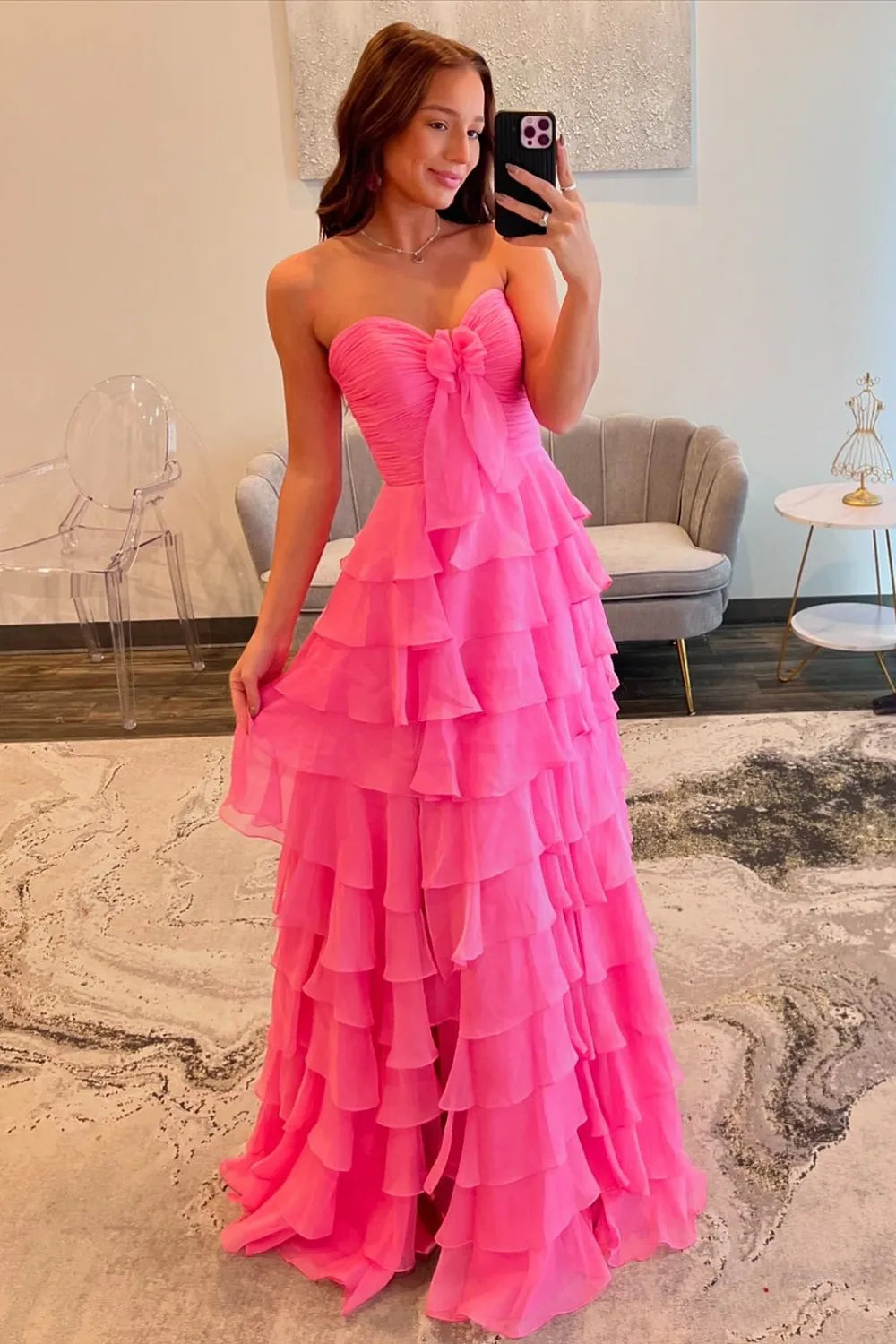 Cute A-Line Sweetheart Zipper Back Tiered Chiffon Prom Dress With Slit - FashionDia