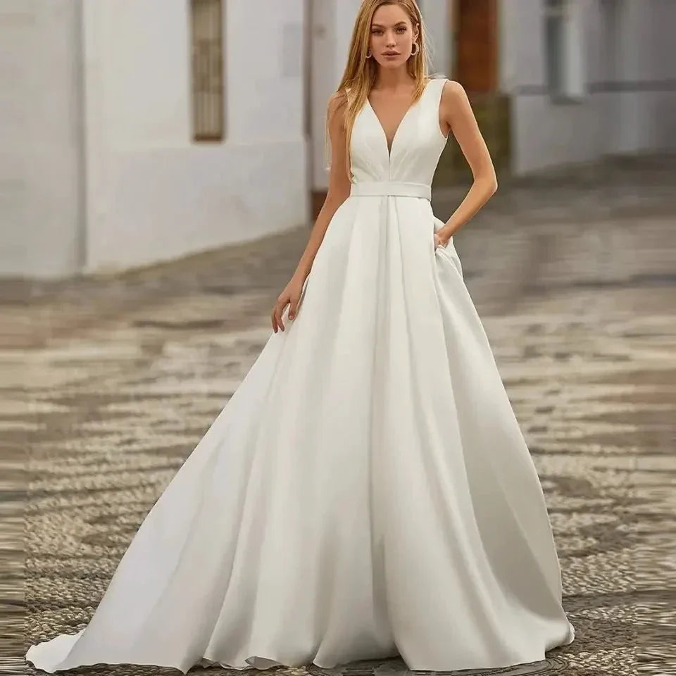 Custom Made Satin Wedding Dresses for Women Beach Boho Bride Gowns Simple Plus Size V-neck Princess Party Dress Pockates by payinti