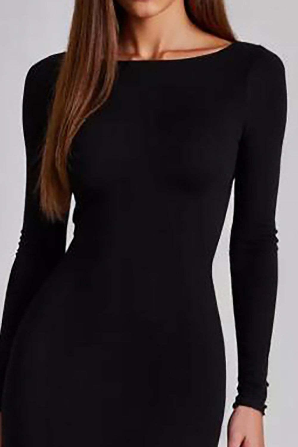 Cut Out Jersey Black Wedding Guest Dress Long Sleeves Formal Dress With Slit