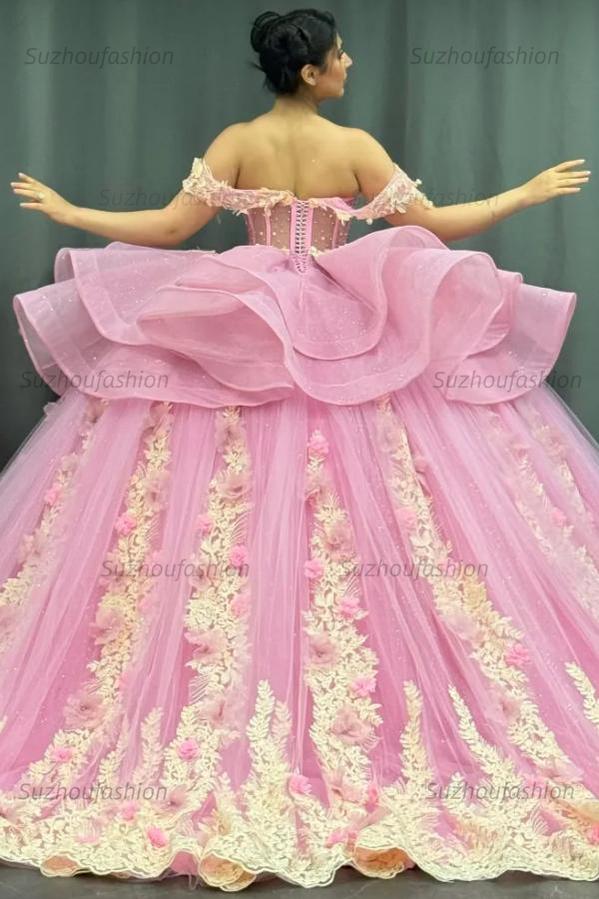 Cute Ball Gown Off Shoulder Beaded Pleated Gold Appliques Detachable Ruffles 3D Flower Sparkly Pink Tulle Quinceanera Dress Birthday Party Formal Dress For Sweet 16
