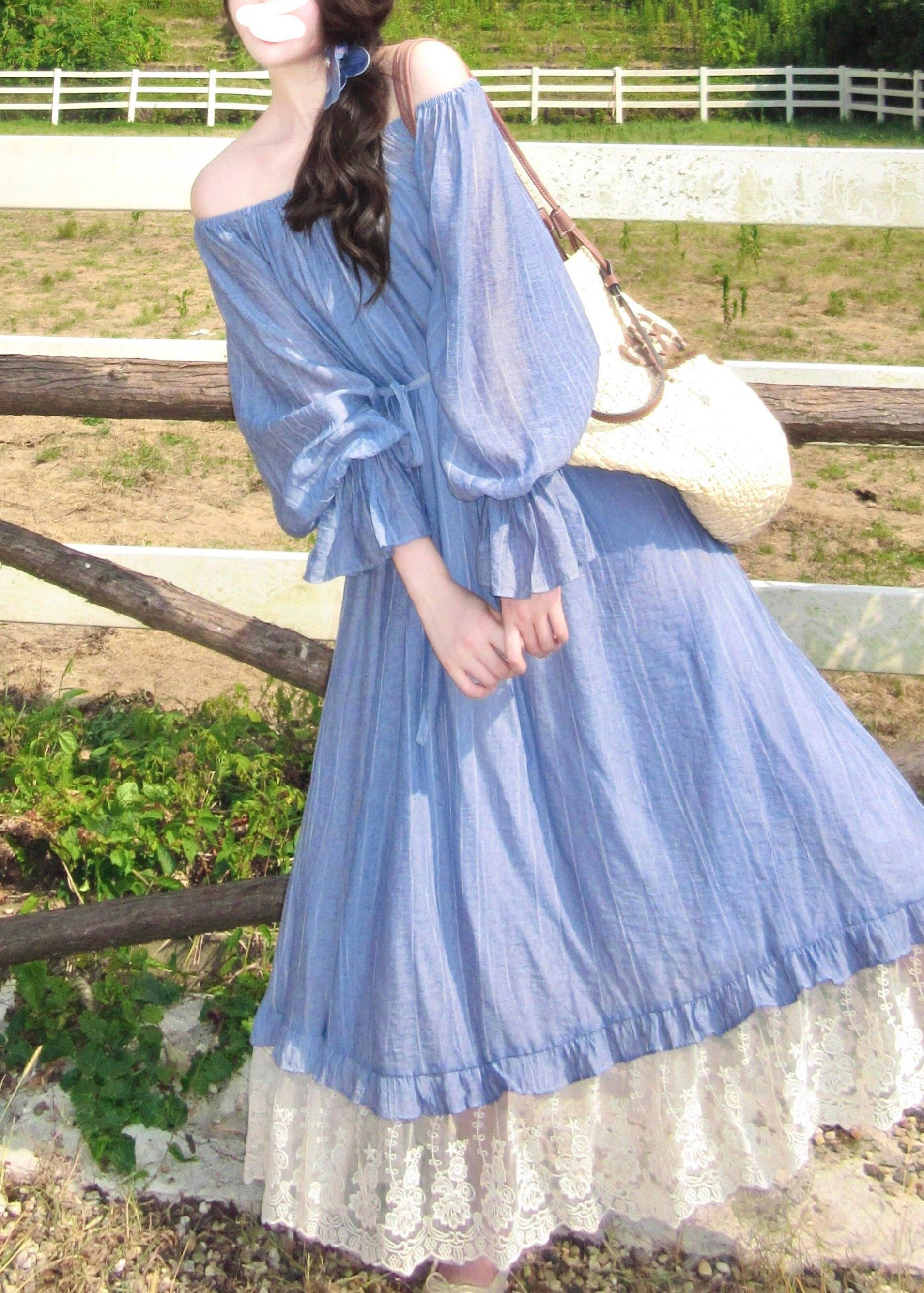 Cute Blue Slash Neck Patchwork Long Dress Fall