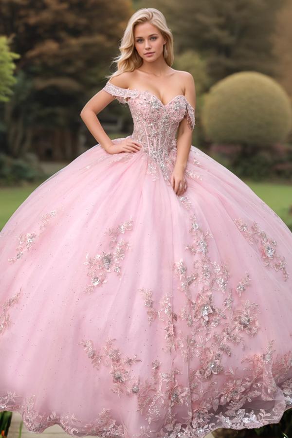 Cute & Chic Ball Gown Off Shoulder Sleeveless Beaded Sequins Appliques Pink Tulle Quinceanera Dress Birthday Party Dress For Sweet 16