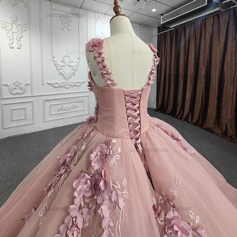 Cute & Chic Ball Gown Off Shoulder Straps 3D Flower Lace Appliques Rose Pink Tulle Quinceanera Dress For Sweet 16