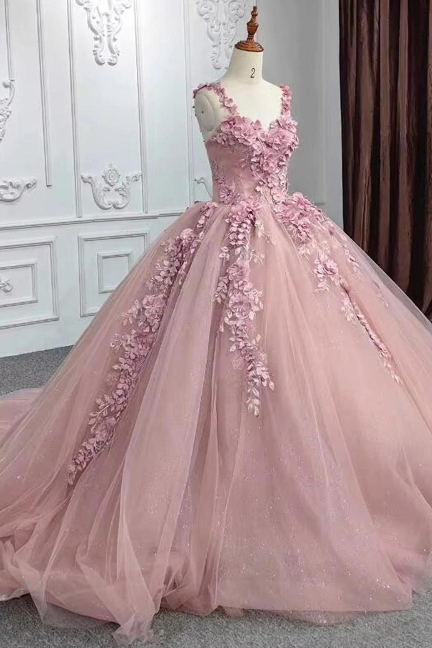 Cute & Chic Ball Gown Off Shoulder Straps 3D Flower Lace Appliques Rose Pink Tulle Quinceanera Dress For Sweet 16