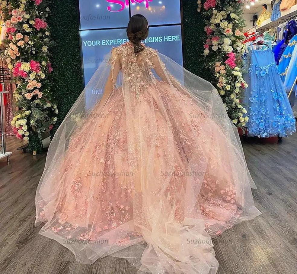 Cute & Chic Ball Gown Strapless Cape 3D Floral Appliques Beaded Rose Pink Tulle Quinceanera Dress For Sweet 16