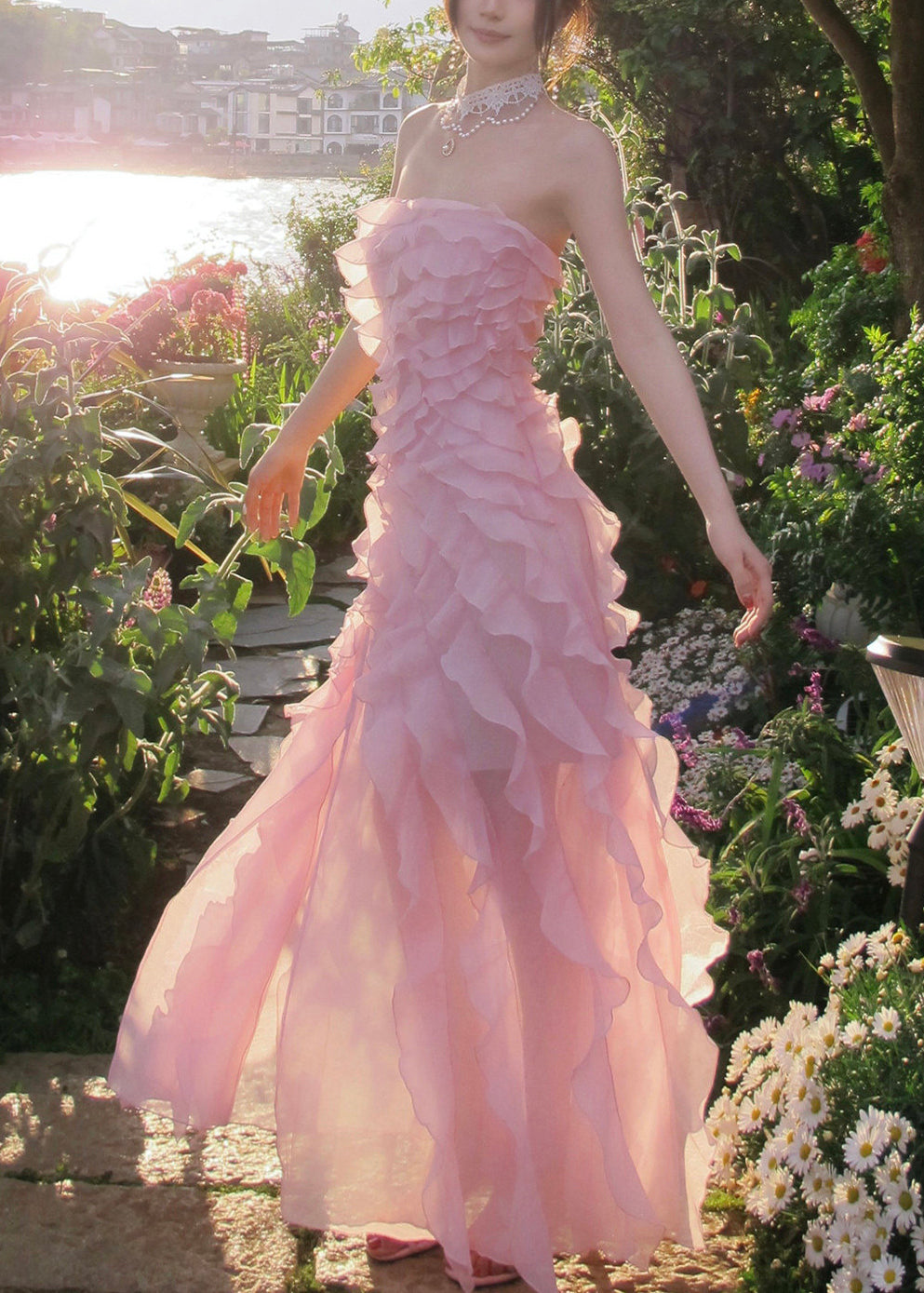 Cute Pink Cold Shoulder Ruffled Long Dress Sleeveless