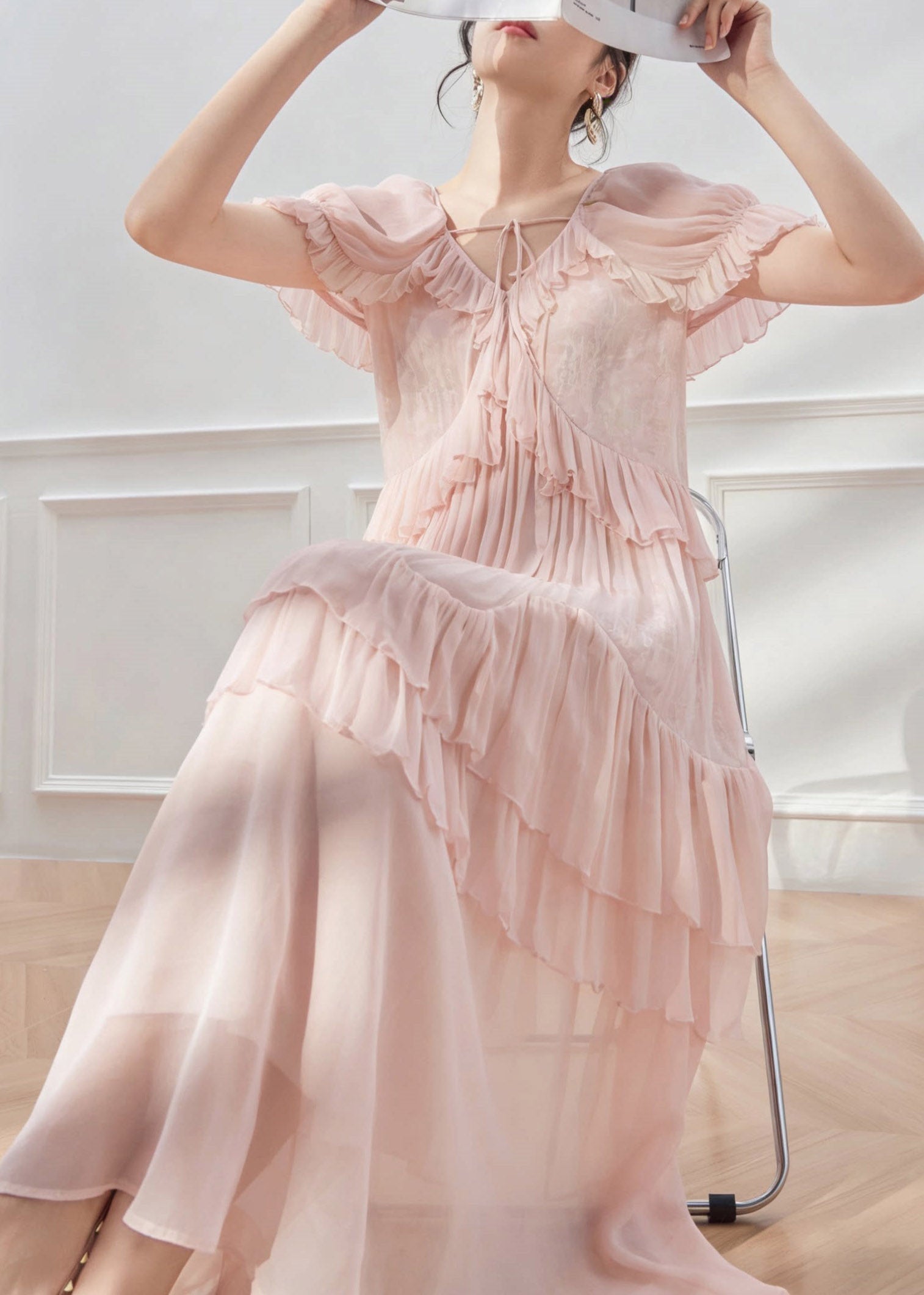 Cute Pink V Neck Ruffled Patchwork Long Dress Short Sleeve