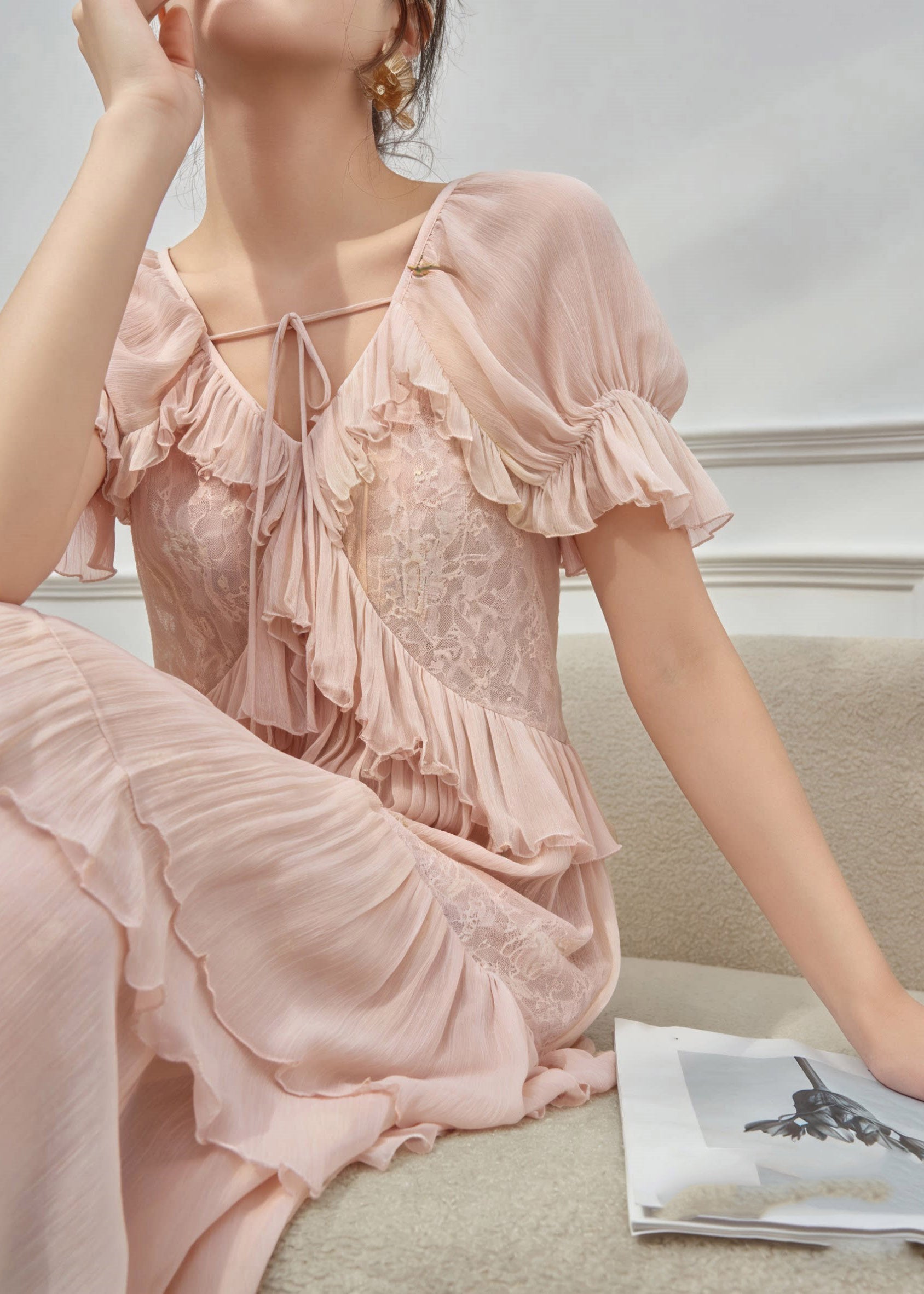 Cute Pink V Neck Ruffled Patchwork Long Dress Short Sleeve