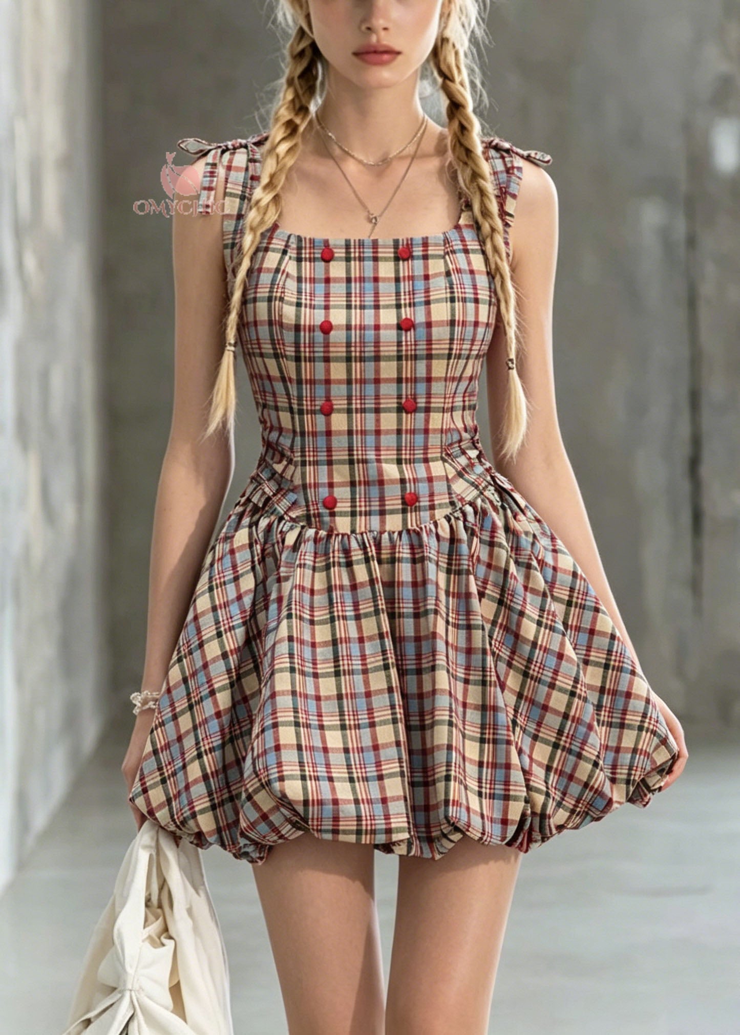 Cute Square Collar Plaid Lace Up Cotton Mini Dress Summer