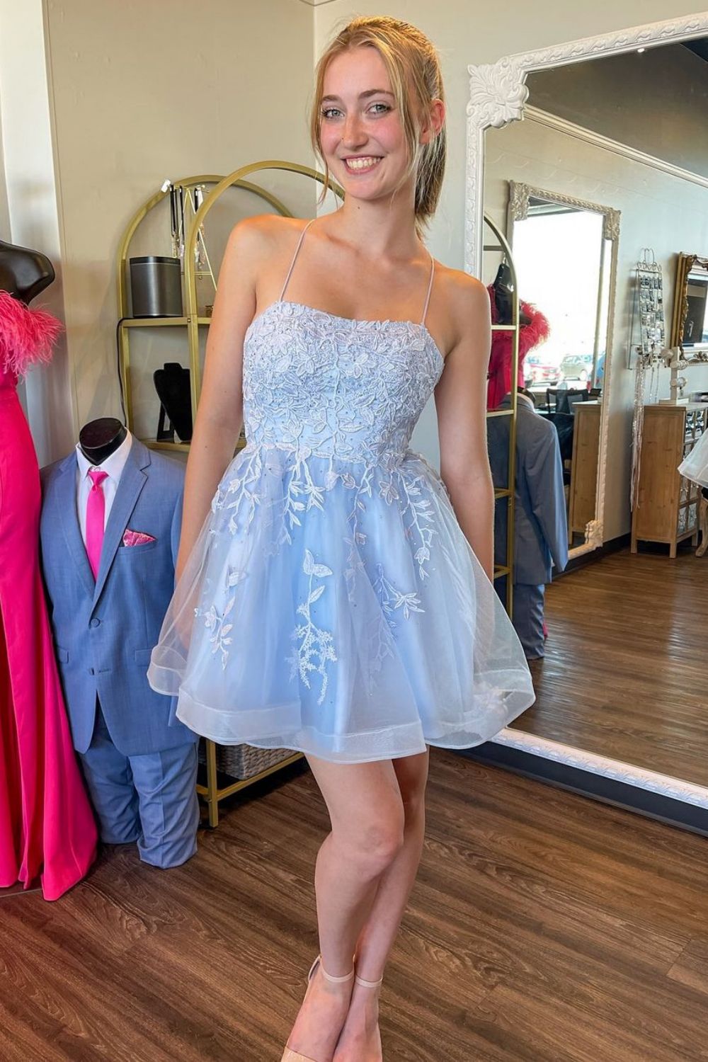 Cute A-Line Light Blue Spaghetti Straps Lace Up Tulle Homecoming Dress - FashionDia