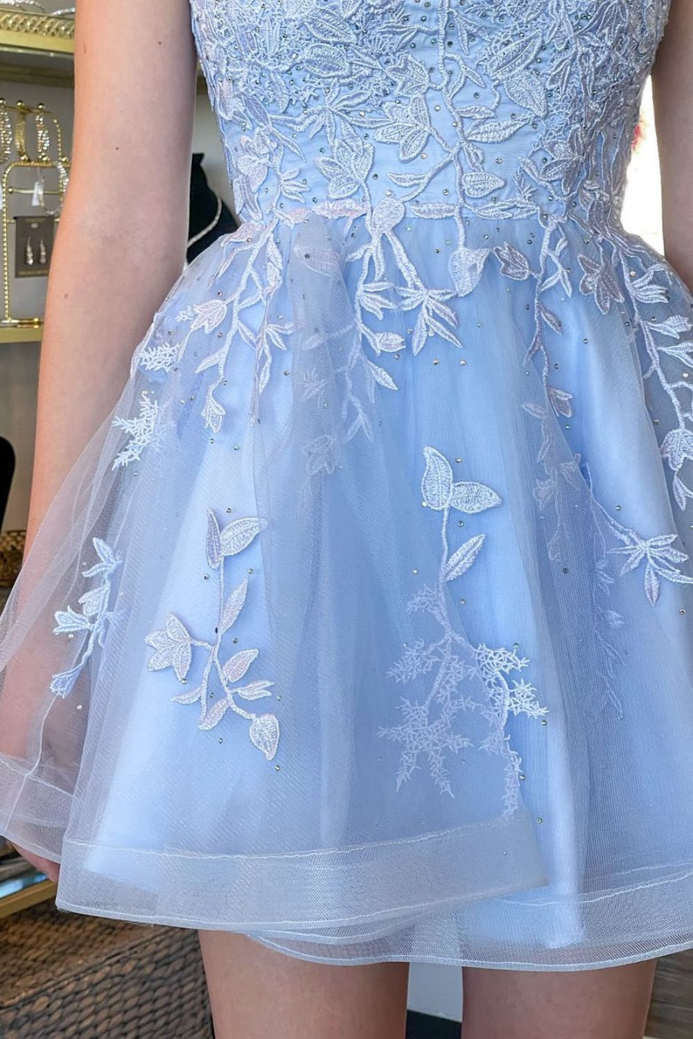 Cute A-Line Light Blue Spaghetti Straps Lace Up Tulle Homecoming Dress