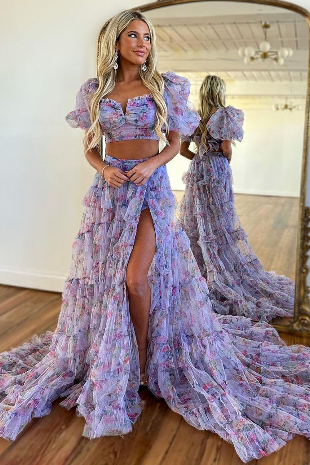 Cute A-Line Two Pieces Square Neck Long Print Tulle Prom Dress With Split - FashionDia