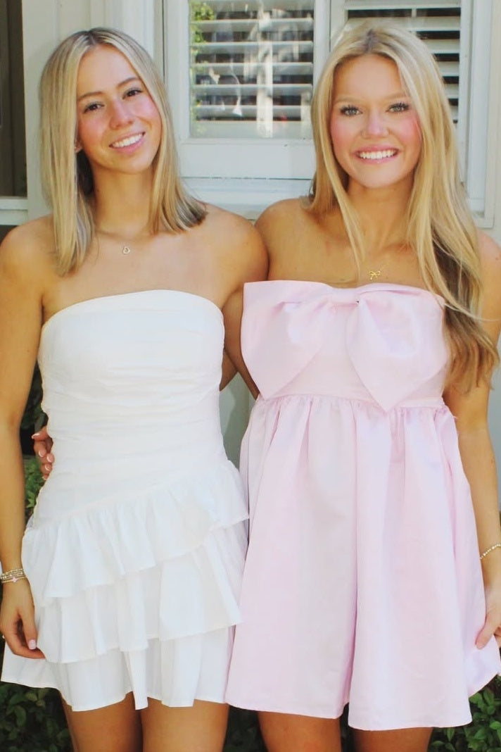 Cute A Line Strapless Light Pink Satin Short Homecoming Dress with Bowknot