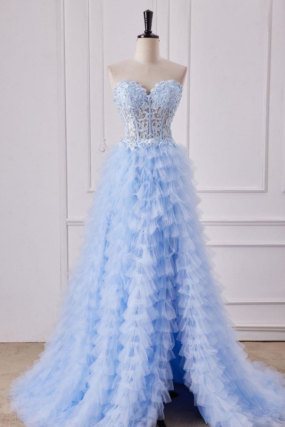 Cute Light Blue Sweetheart A-Line Lace Top Long Tulle Prom Dress With Slit - FashionDia