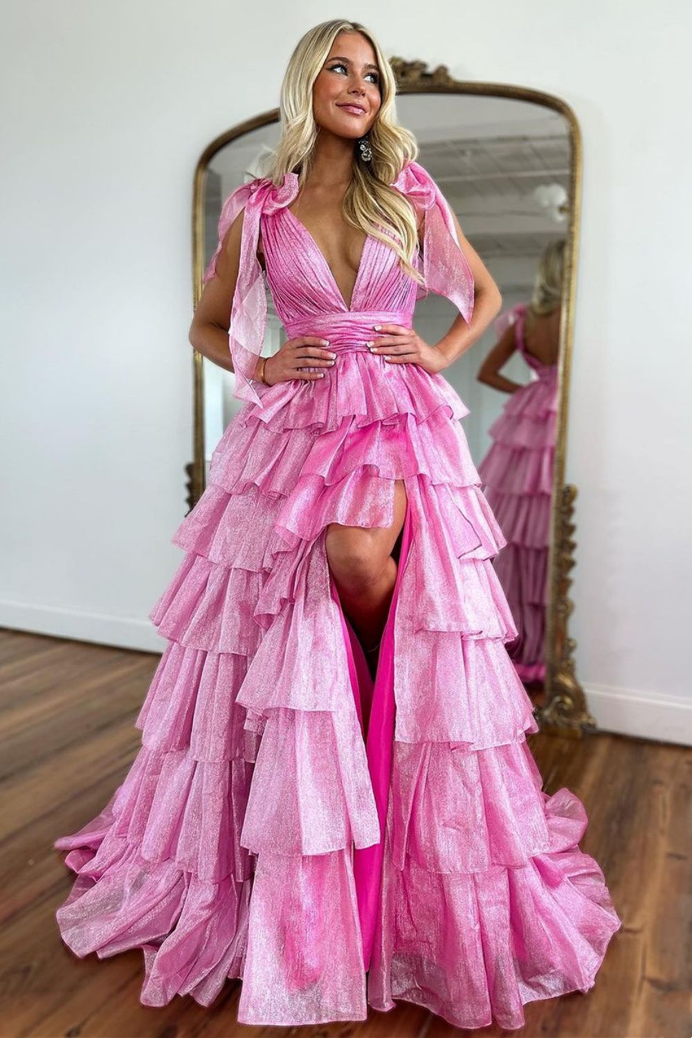 Cute Pink Princess A-Line Deep V-Neck Long Tiered Prom Dress With Split - FashionDia