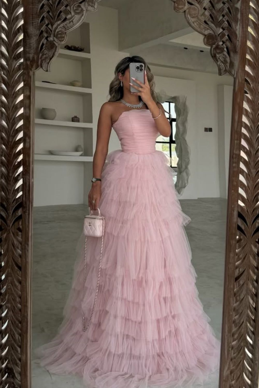 Cute Pink A-Line Strapless Lace Up Long Layered Tulle Prom Dress - FashionDia