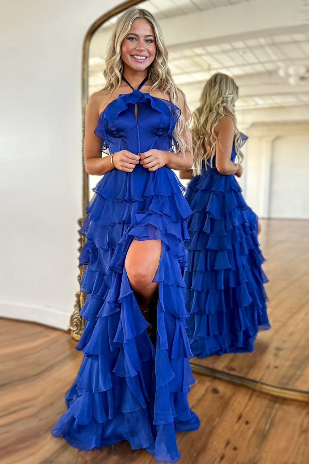Cute Royal Blue A-Line Halter Neck Long Tiered Prom Dress with Slit - FashionDia