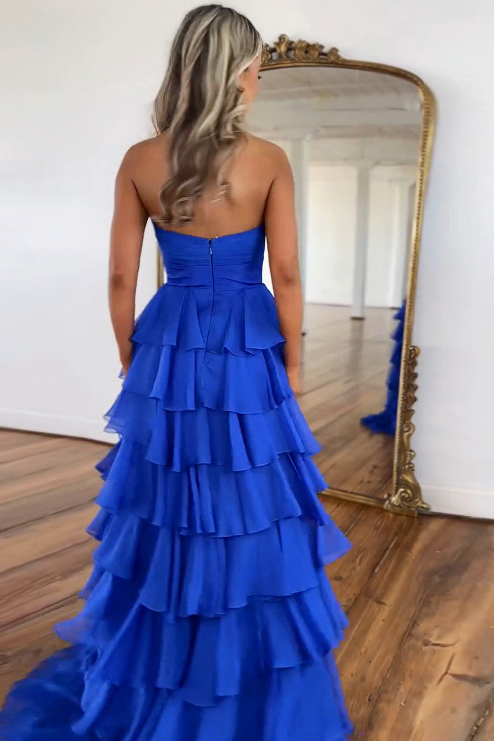 Sweety A-Line Sweetheart Pink Printed Long Tiered Prom Dress with Slit