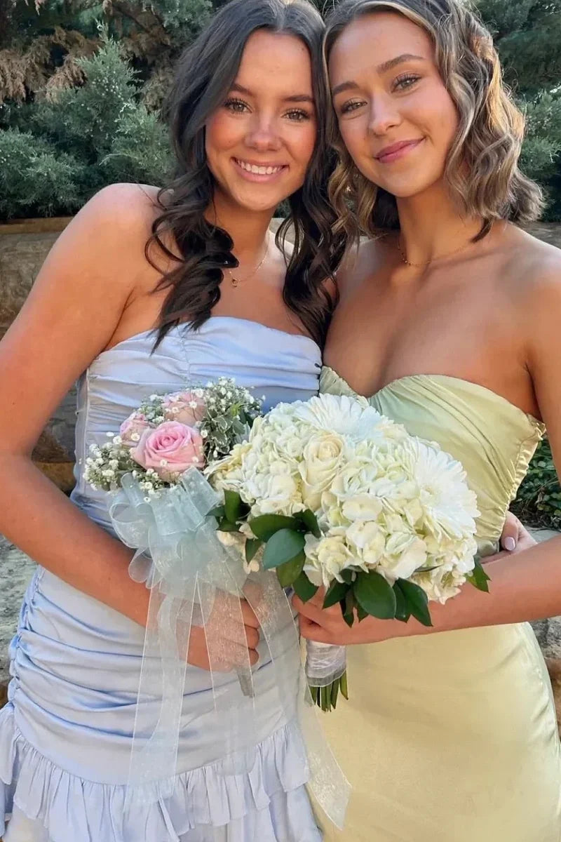 Cute Sheath Strapless Light Blue Short Homecoming Dress with Ruffles