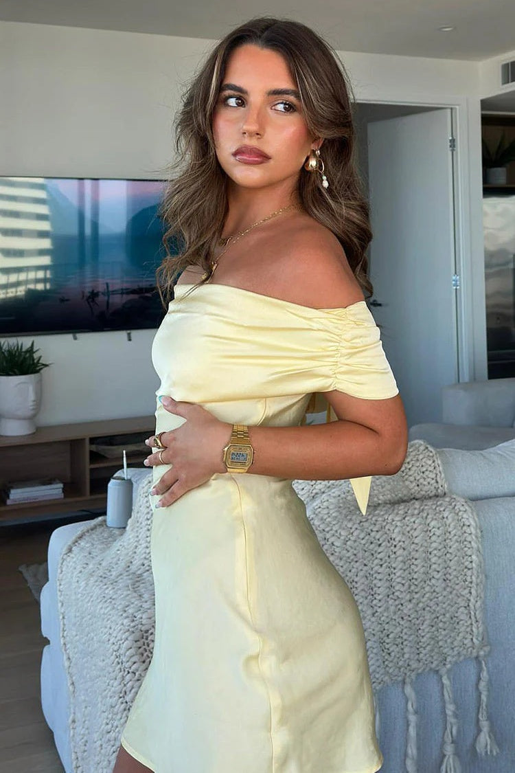 Cute A-Line Off-the-Shoulder Yellow Satin Short Homecoming Dress - FashionDia