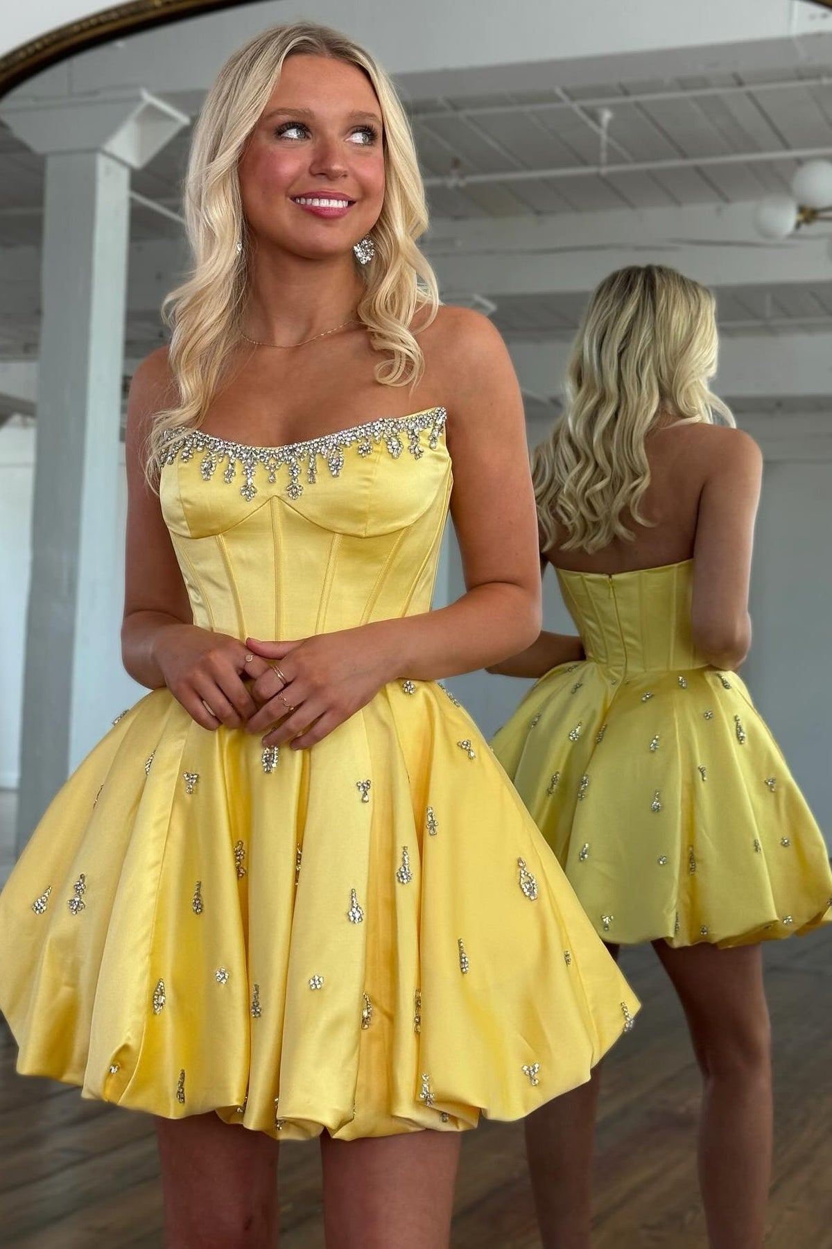 Cute A-Line Strapless Yellow Corset Homecoming Dress with Beading - FashionDia
