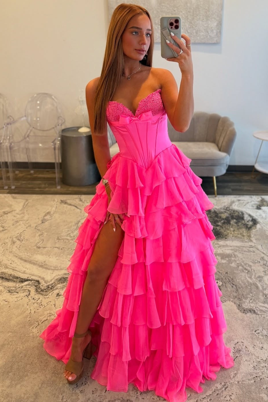 Princess A Line Sweetheart Pink Corset Prom Dress with Beading Ruffles