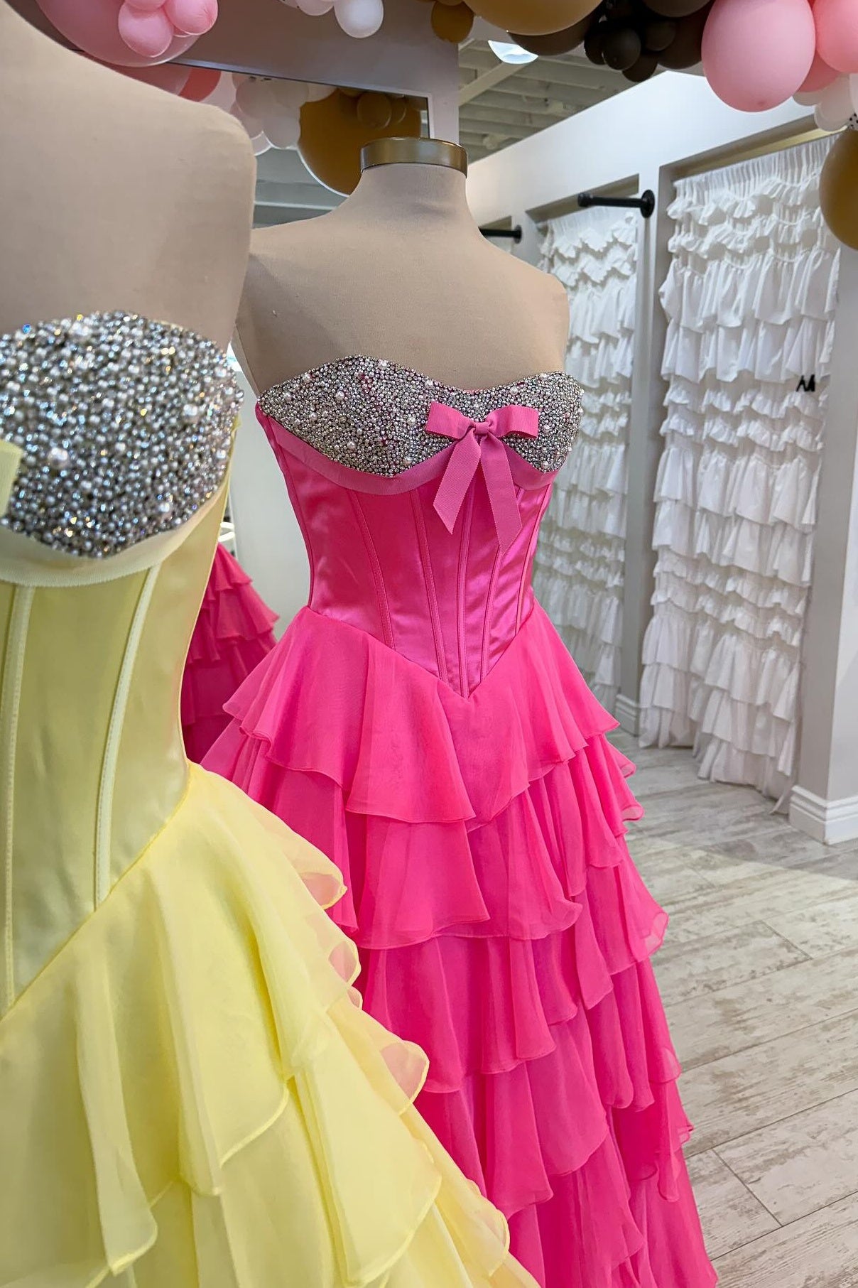 Princess A Line Sweetheart Pink Corset Prom Dress with Beading Ruffles