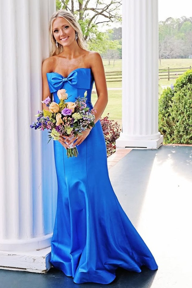 Cute Red Mermaid Strapless Long Satin Prom Dress with Slit and Bowknot