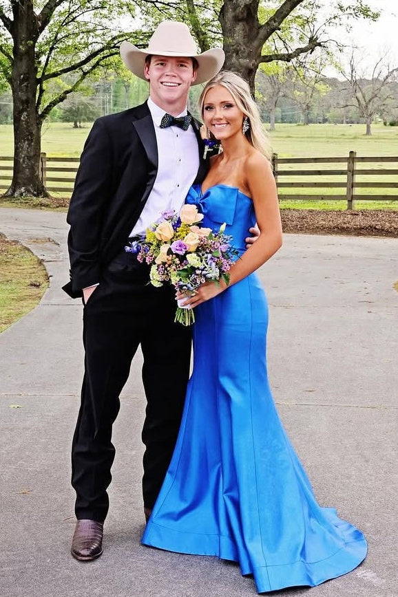 Cute Red Mermaid Strapless Long Satin Prom Dress with Slit and Bowknot