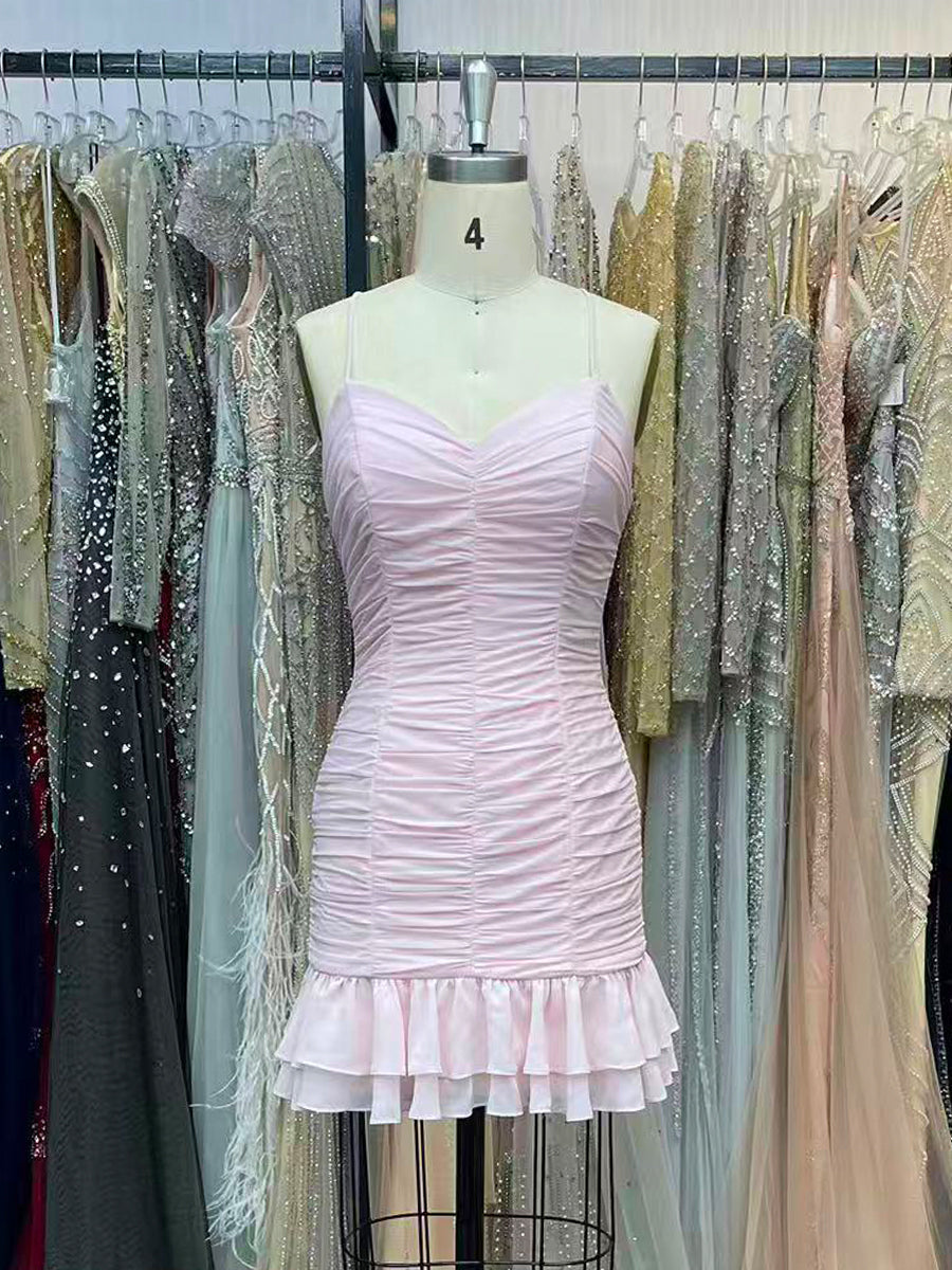 Cute Sheath Satin Short Homecoming Dress with Ruffles