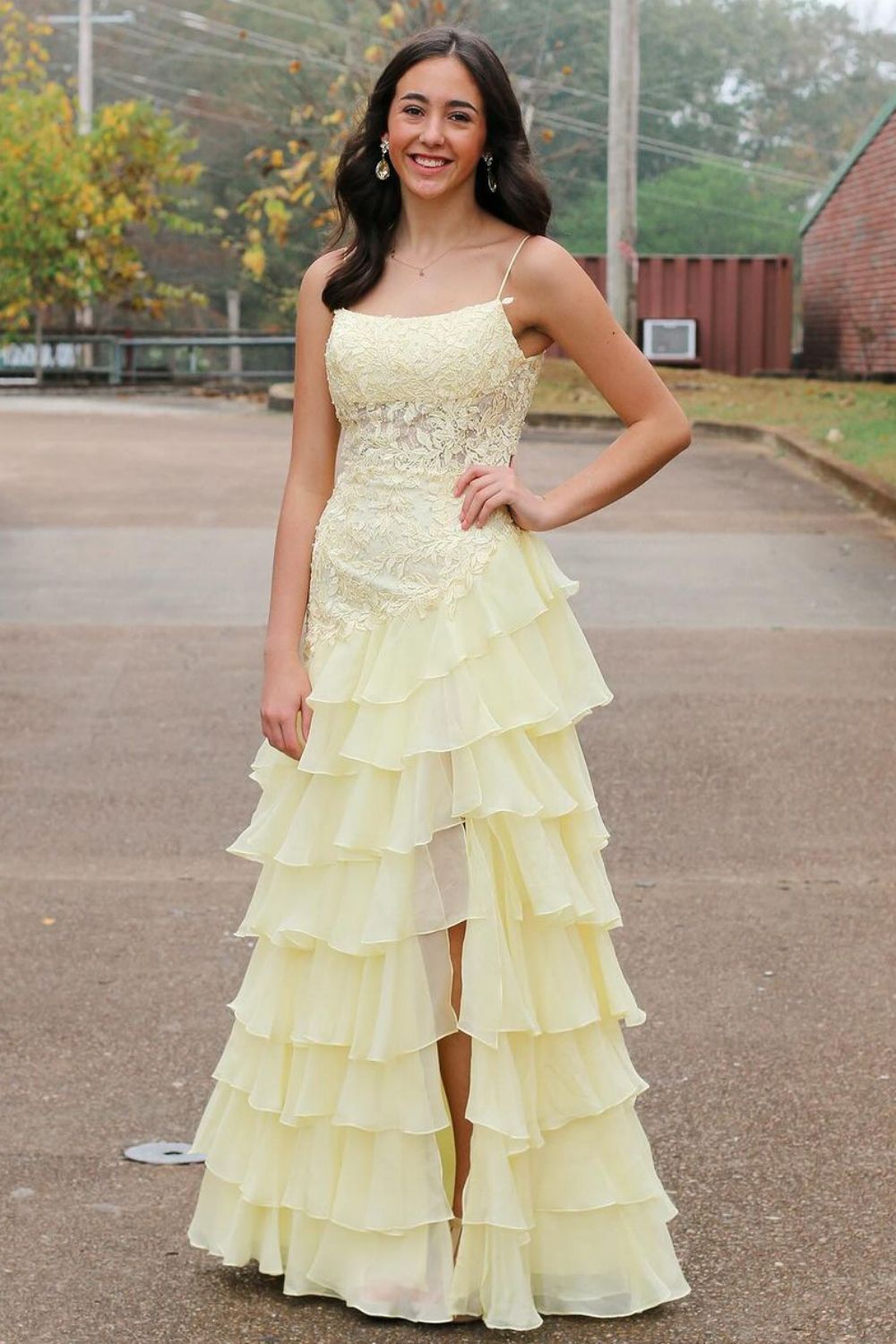 Cute Yellow Mermaid Spaghetti Straps Long Lace Prom Dress with Slit - FashionDia