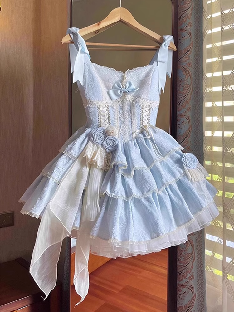 Cute Ball Gown Straps Floral Lace Party Dresses Blue Birthday Outfits With Flowers