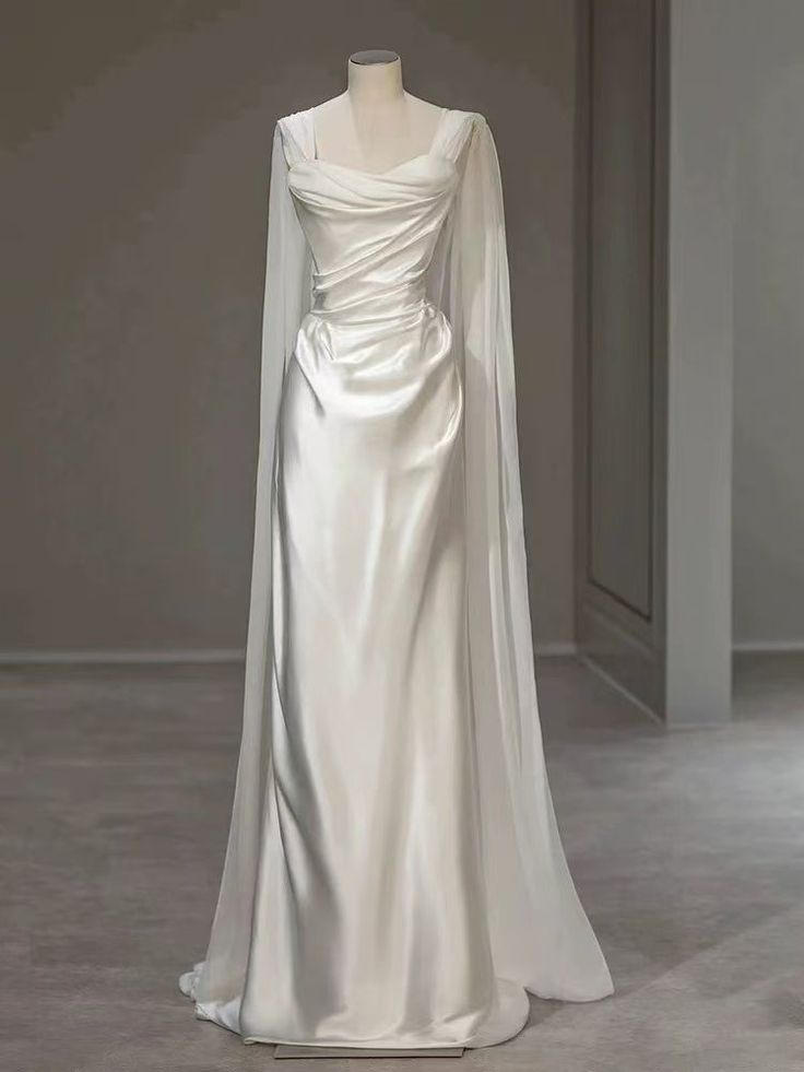 White Satin Pleated Straps Wedding Dress,Elegant Prom Evening Dress