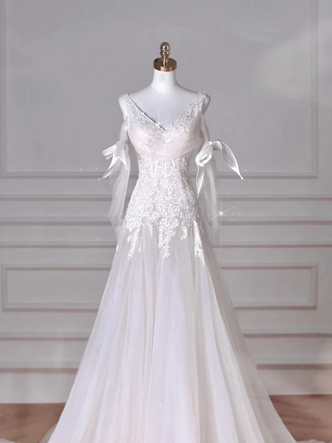 Fairy White V Neck Tulle Lace Appliques Mermaid Evening Dress,Long Wedding Dress (ZD13761)