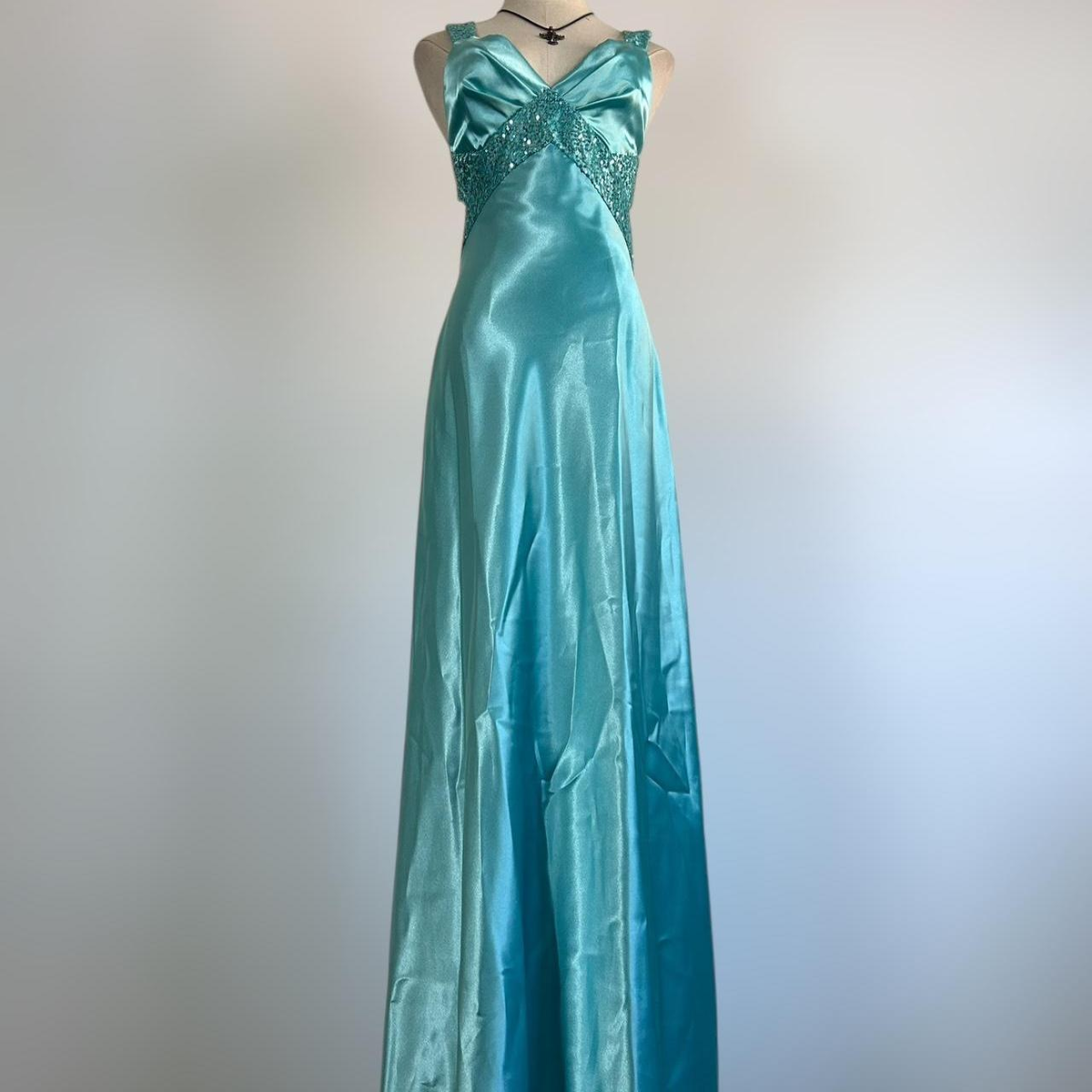 Blue V Neck Satin Sequin Formal Prom Dress Backless Evening Dress Y8548 - VelvetHem