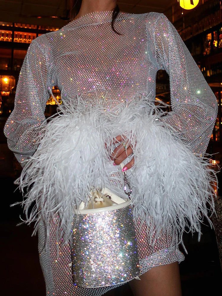 Mila Metallic Sheer Cuff Feather Mini Dress