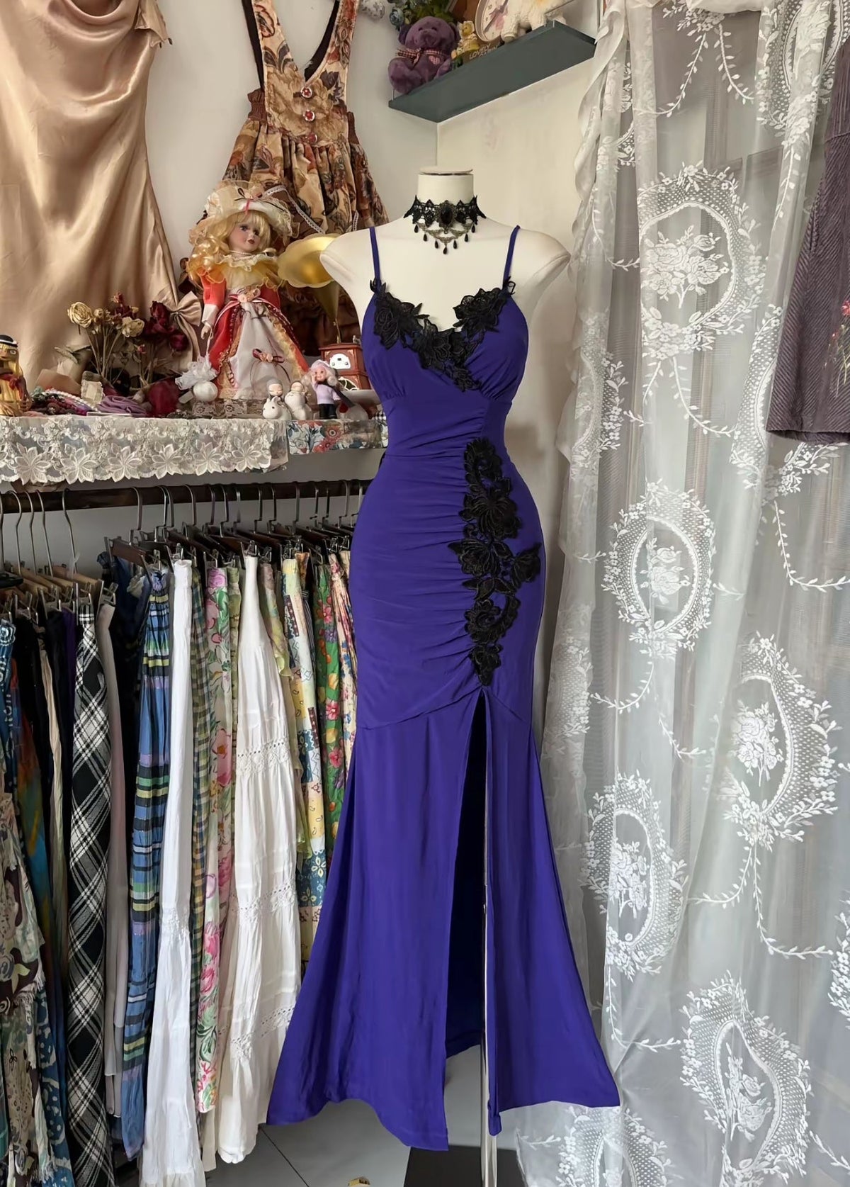 Spaghetti Straps Mermaid Applique Long Prom Dress Slit Evening Dress