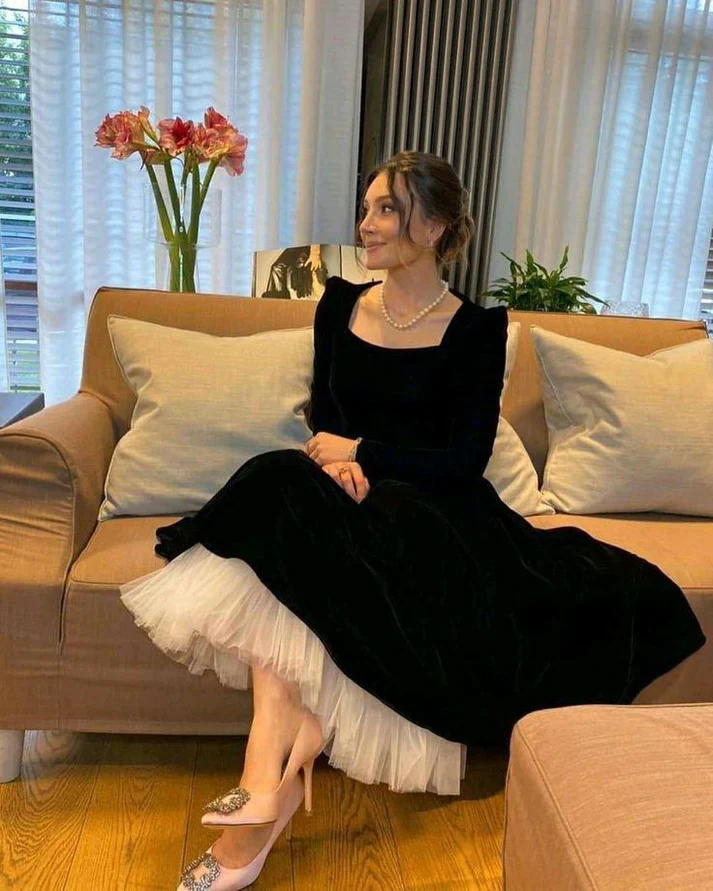 Vintage Black With White Tulle Prom Dress A-line Party Dress