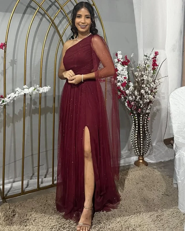 Pretty Burgundy One Shoulder Tulle Sequins Evening Gown Slit Prom Dress Y7826 - View 4 | VelvetHem