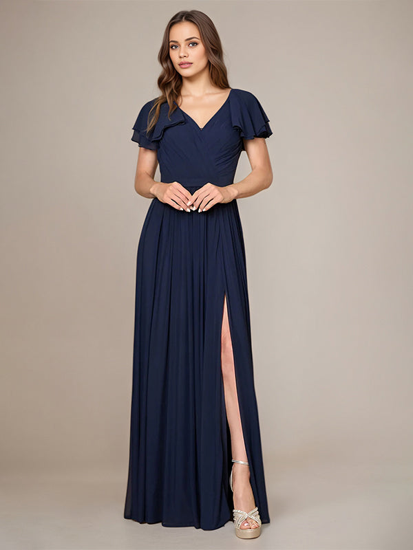 Navy A Line Chiffon V Neck Short Sleeves Floor-Length Bridesmaid Dresses