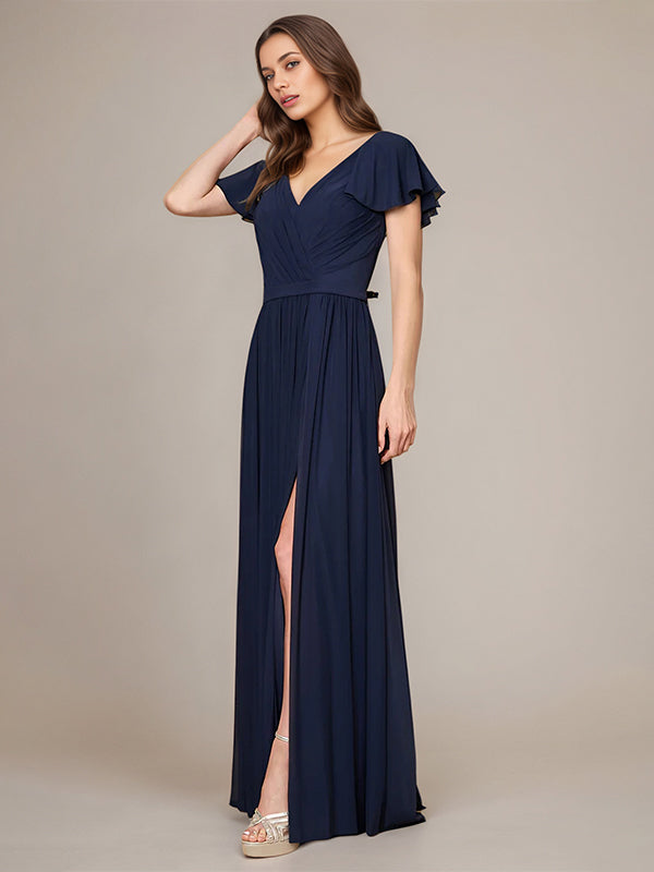 Navy A Line Chiffon V Neck Short Sleeves Floor-Length Bridesmaid Dresses