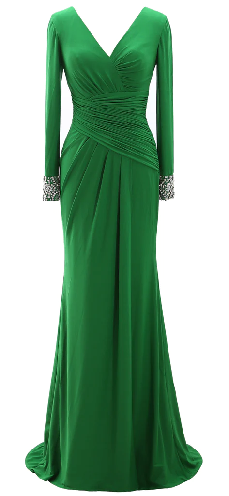 Women Long Mother of Bride Dresses Long Sleeve V Neck Evening Dress Y785 - VelvetHem