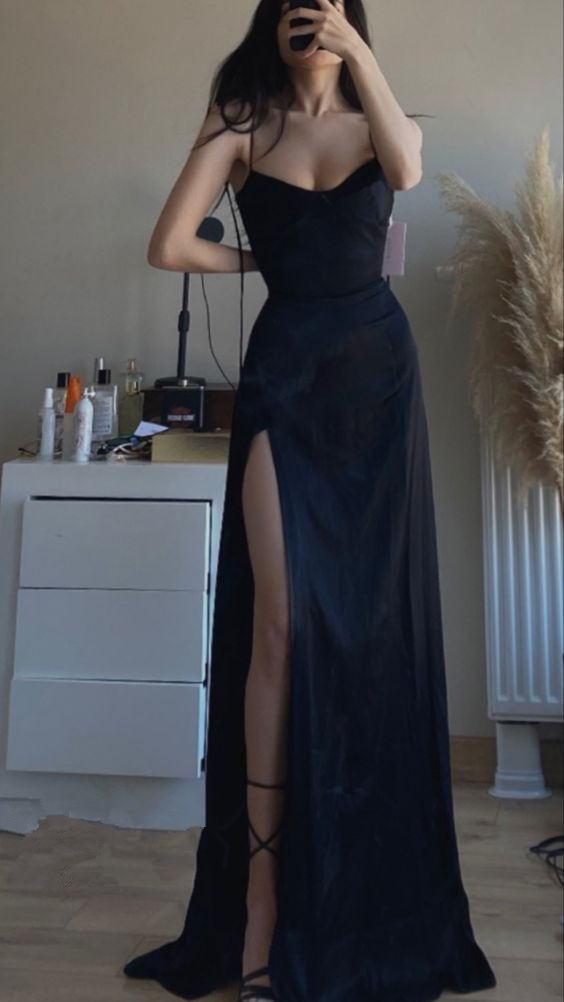 Sexy Spaghetti Straps Sleeveless Side Slit A-Line Long Prom Dress