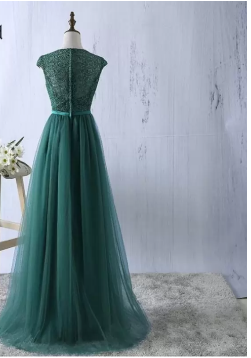 Green tulle lace top round neck long evening dresses simple formal dress S6796 - View 3 | VelvetHem