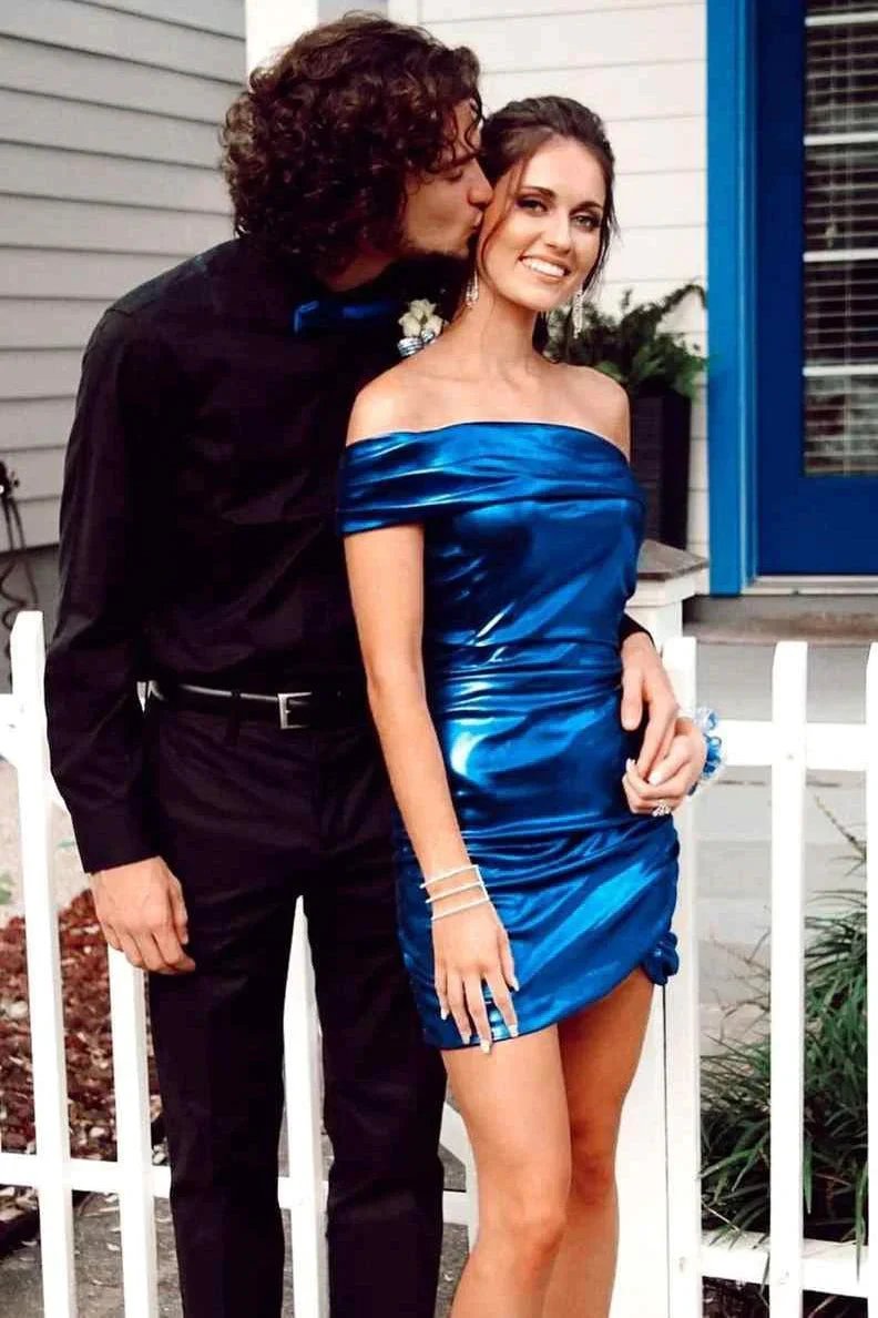 Chic One Shoulder Navy Blue Tight Homecoming Dresses by Ombreprom