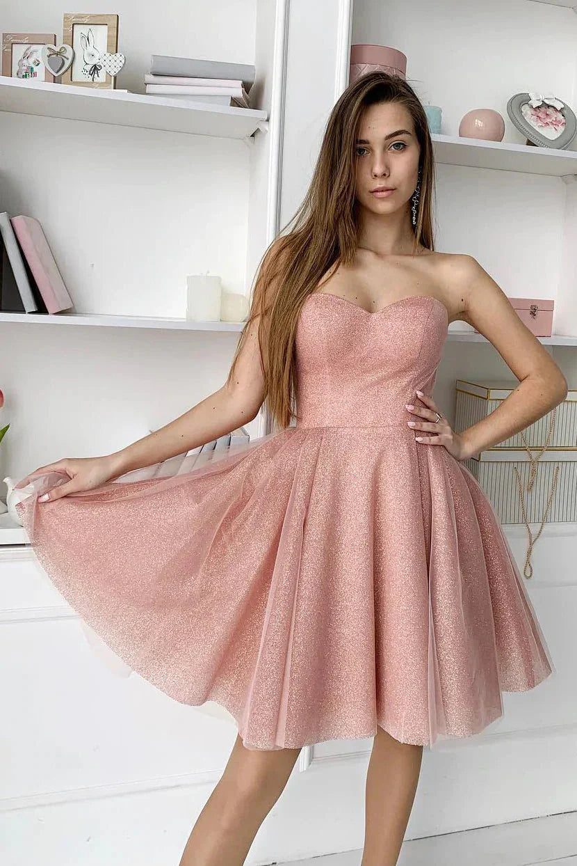 A-Line Dusty Pink Sweetheart Strapless Homecoming Dresses by Ombreprom