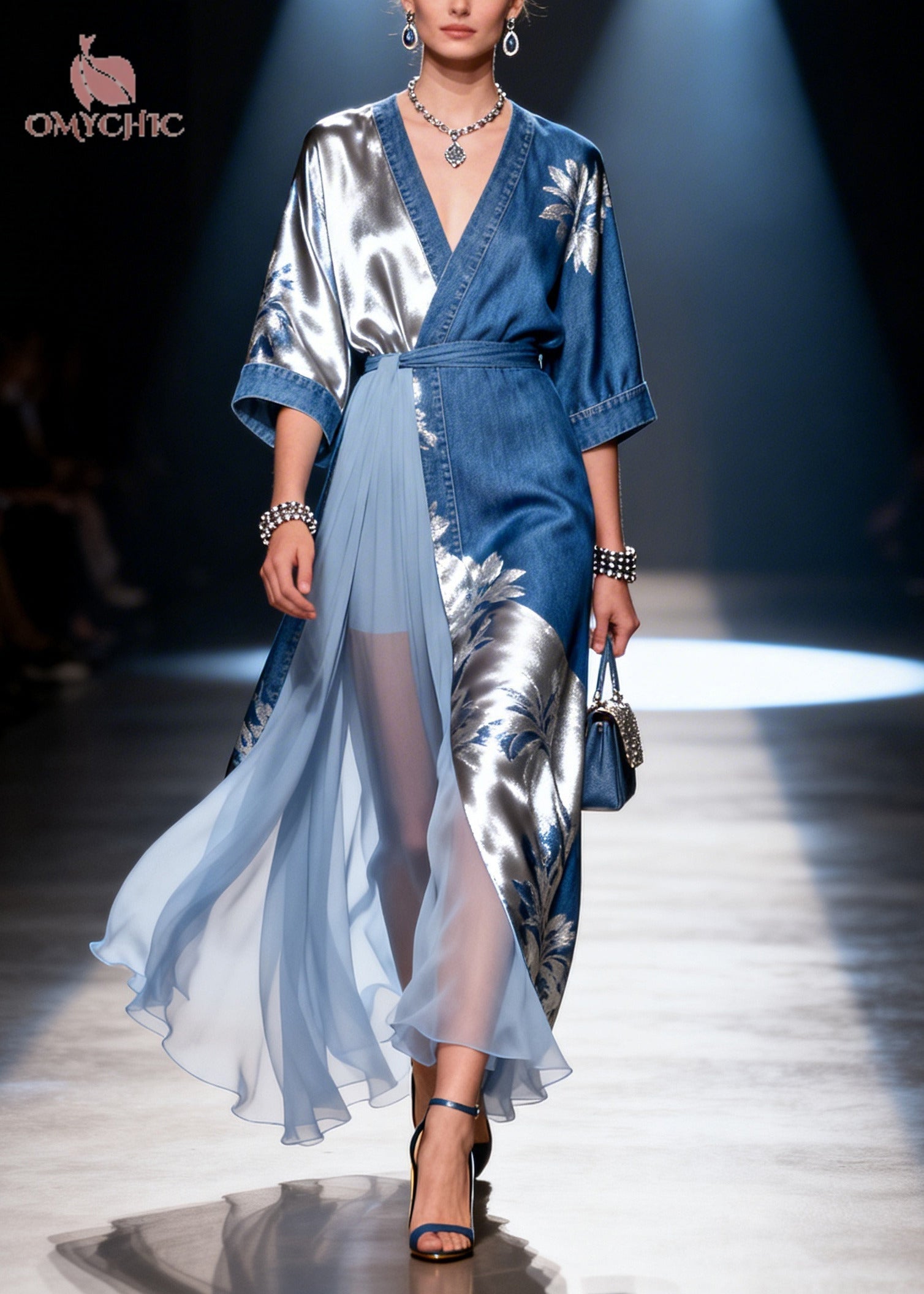 DIY Denim Blue Print Asymmetrical Patchwork Tulle Dress Summer